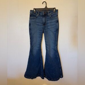 Wrangler High Rise Flare Fashion Blue Jeans with Tan Stitching